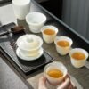 Premium Dehua White Jade Porcelain Gaiwan | Elegant 3-Part Tea Tureen Set