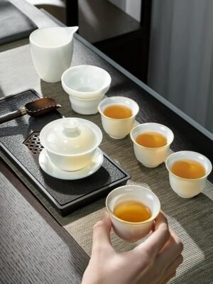 Premium Dehua White Jade Porcelain Gaiwan | Elegant 3-Part Tea Tureen Set